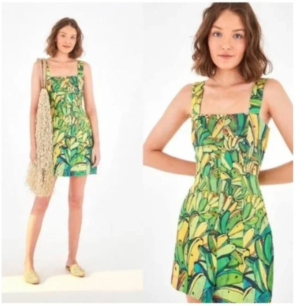 FARM Rio Green Yellow Sundress Mini Sleeveless Square Neck